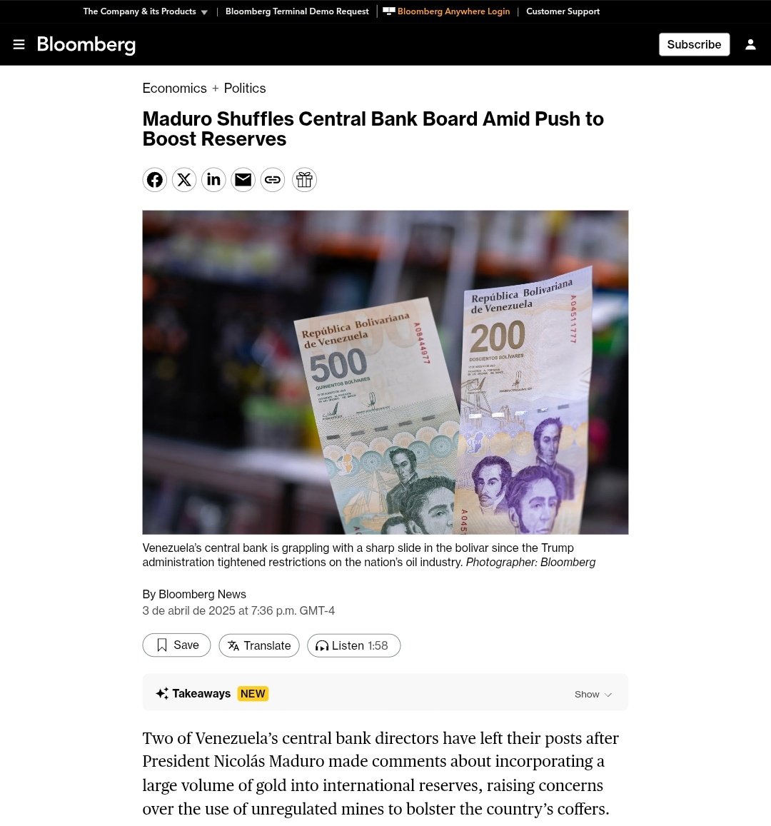 latablablog's tweet photo. #ParaQueConste  Atención: Bloomberg difunde información falsa para criminalizar el oro venezolano.  Presentan como "renuncias",  por supuesto desacuerdo con el manejo del oro, la remoción de directoras del BCV. ¡Esto es falso y omite el contexto! #Venezuela #OroVenezolano https://t.co/hDKohVgo2g