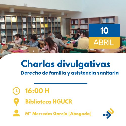 🎙️El próximo 10 de abril se realizará la charlas divulgativas con Mª Mercedes García, abogada especializada.

✅ Evento unitario para la profundización en temas familiares y vínculo sanitario.

🗓️ 10 de abril a las 16:00H.

+info: bit.ly/43EFjBd

#HUCRJuntos