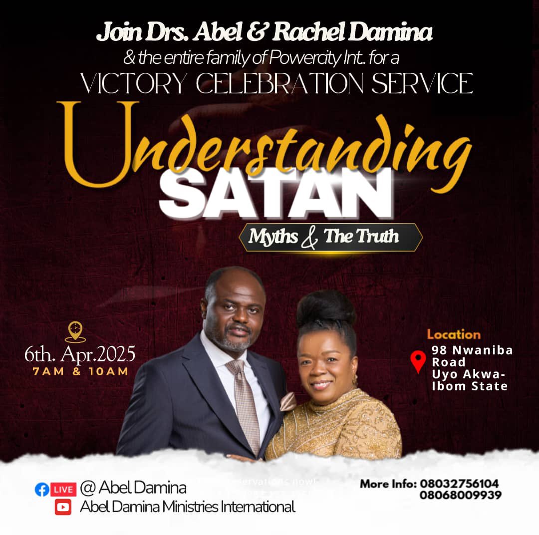 Dr. Abel Damina (@abeldamina) on Twitter photo Join us this Sunday at 8 a.m. and 10 a.m. for our Victory Celebration Service, which will feature a new teaching called Understanding Satan: Myths and Truth.
If you can't join us physically, you can join us online on YouTube (Abel Damina Ministries International), Facebook (Abel Join us this Sunday at 8 a.m. and 10 a.m. for our Victory Celebration Service, which will feature a new teaching called Understanding Satan: Myths and Truth.
If you can't join us physically, you can join us online on YouTube (Abel Damina Ministries International), Facebook (Abel