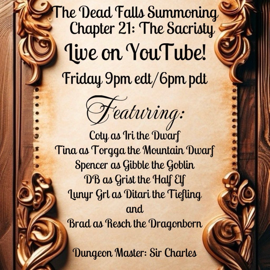 With Captain Rhesh released from the curse, most of the protectorate is in the lower level finding treasures... while Iri stands alone upstairs in front of a foreboding door. Join us TONIGHT for the continuation of The Dead Falls Summoning!
#dnd #dungeonsanddragons