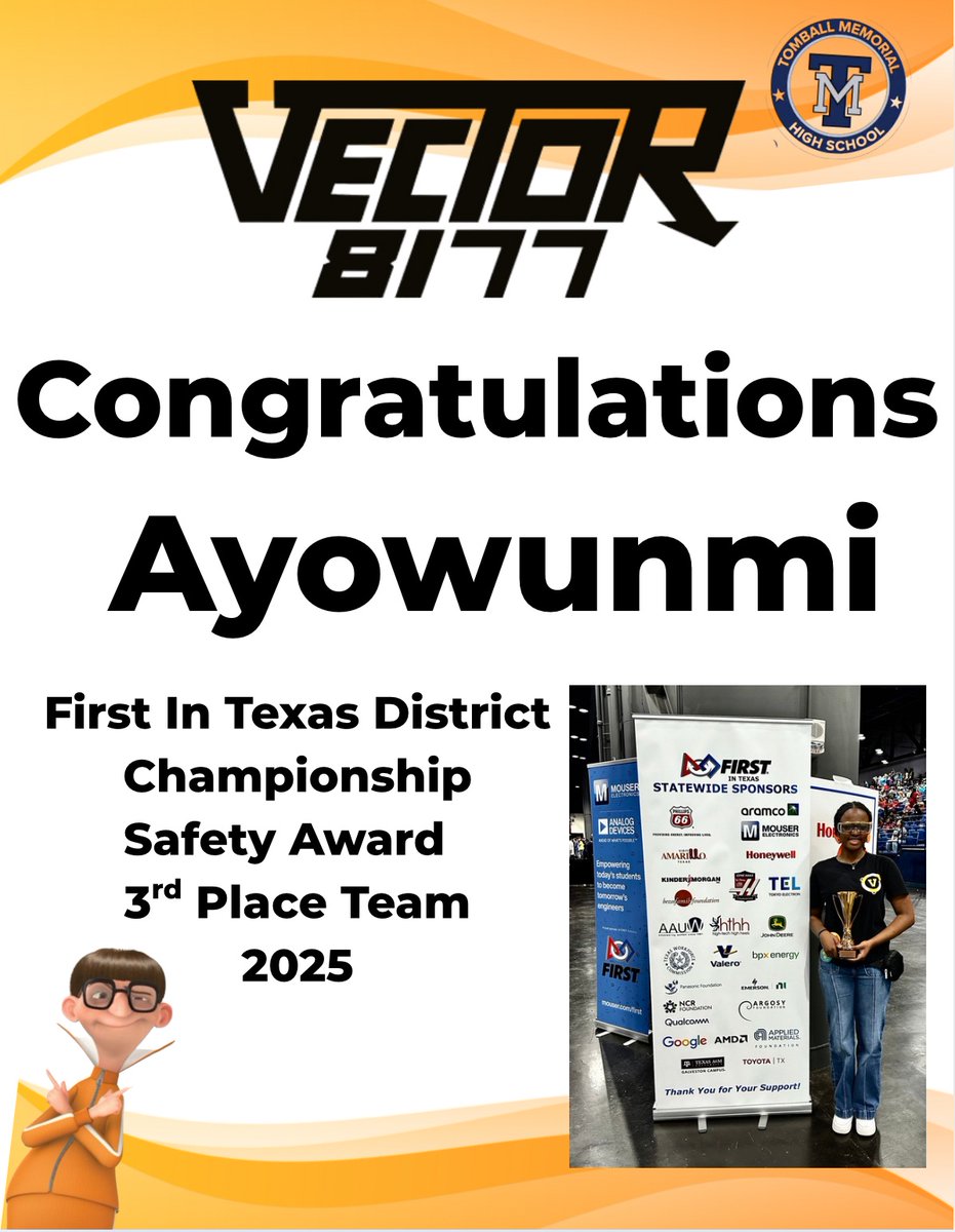 TMHS_Robotics (@tmhsrobotics) on Twitter photo Congratulations Ayowunmi! 3rd Place Safety Award from <a href="/FIRSTinTexas/">FIRST in Texas</a> Thank you for making sure Vector 8177 is using all safety measurements successfully to steal the Moon! <a href="/TISDTMHS/">Tomball Memorial High School</a> <a href="/TomballISD/">Tomball ISD</a>
#Robotics #stem #reefscape #FRC Congratulations Ayowunmi! 3rd Place Safety Award from <a href="/FIRSTinTexas/">FIRST in Texas</a> Thank you for making sure Vector 8177 is using all safety measurements successfully to steal the Moon! <a href="/TISDTMHS/">Tomball Memorial High School</a> <a href="/TomballISD/">Tomball ISD</a>
#Robotics #stem #reefscape #FRC
