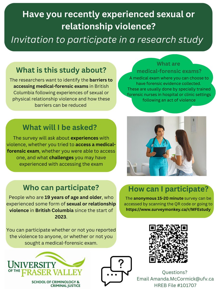 Dr. Amanda McCormick is seeking participants from BC over the age of 19 years who have recently experienced sexual violence or relationship violence. They are collecting the data through this 15-20 minute anonymous survey: surveymonkey.ca/r/MFEstudy