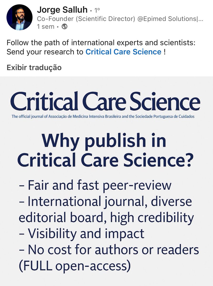Critical Care Science (@critcarescience) on Twitter photo Publication from our editor-in-chief, Dr. Jorge Salluh, on the neighboring network #Linkedin, explaining why publish in #CriticalCareScience
#ICU #PedsICU #MedEd #FOAMed #NoFeeForPublication
<a href="/FilipeAmado1/">Filipe Amado, MD</a>
<a href="/VSLanziotti/">Vanessa S. Lanziotti</a>
<a href="/BesenBruno/">Bruno Besen</a>
<a href="/danicds72/">Daniela Souza</a>
<a href="/otavio_ranzani/">Otavio Ranzani</a>
<a href="/f_g_zampieri/">Fernando Zampieri</a> Publication from our editor-in-chief, Dr. Jorge Salluh, on the neighboring network #Linkedin, explaining why publish in #CriticalCareScience
#ICU #PedsICU #MedEd #FOAMed #NoFeeForPublication
<a href="/FilipeAmado1/">Filipe Amado, MD</a>
<a href="/VSLanziotti/">Vanessa S. Lanziotti</a>
<a href="/BesenBruno/">Bruno Besen</a>
<a href="/danicds72/">Daniela Souza</a>
<a href="/otavio_ranzani/">Otavio Ranzani</a>
<a href="/f_g_zampieri/">Fernando Zampieri</a>