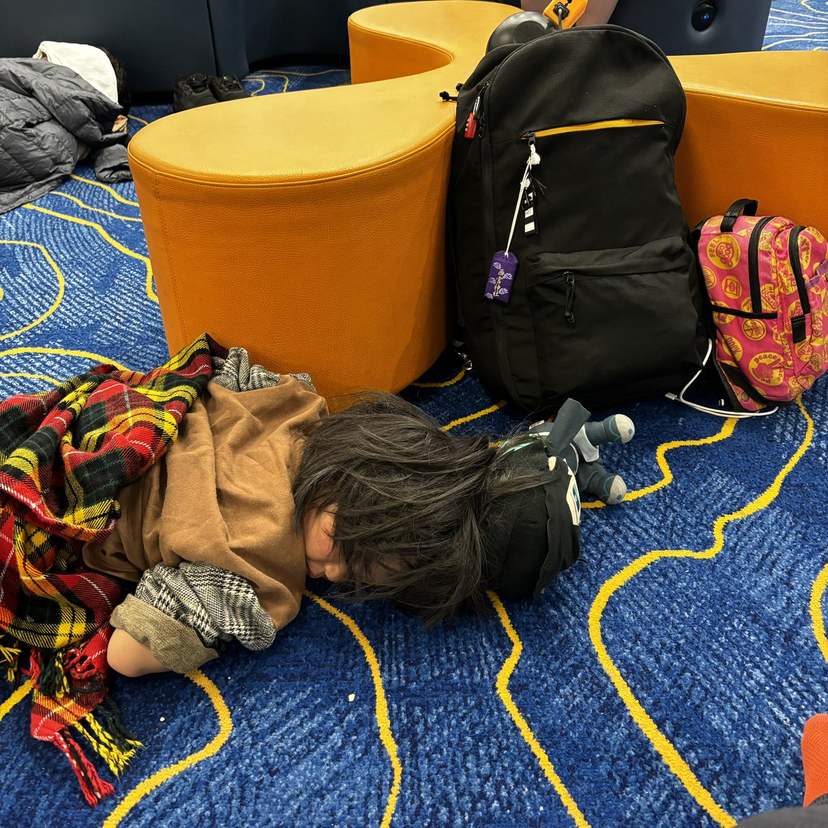 案の定遅れて到着🛬
夜の香港国際空港は地球上の旅人の寝床に😳

えぇ、我が家ももちろんその一員😗