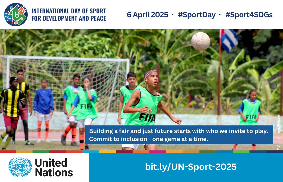 UNDESA's tweet image. From the playing field ⚽️🏀🏑⛳️🏓to the international stage, sport is a universal language that promotes peace, unity, and understanding.

On #SportDay, let's come together to celebrate its power.

🏅bit.ly/UN-Sport-2025 #SportForAll #EveryoneIncluded #SocialSummit2025