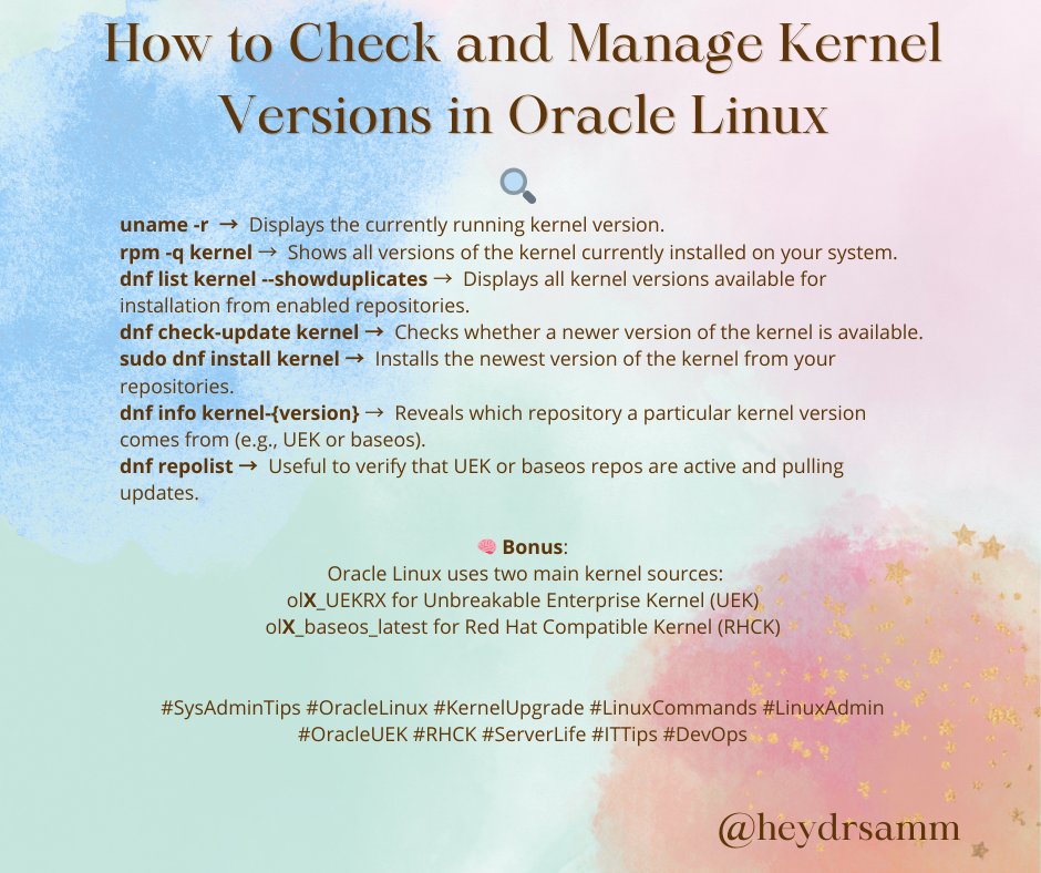 heydrsamm's tweet image. #SysAdminTips #OracleLinux #KernelUpgrade #LinuxCommands #LinuxAdmin #OracleUEK #RHCK #ServerLife #ITTips #DevOps