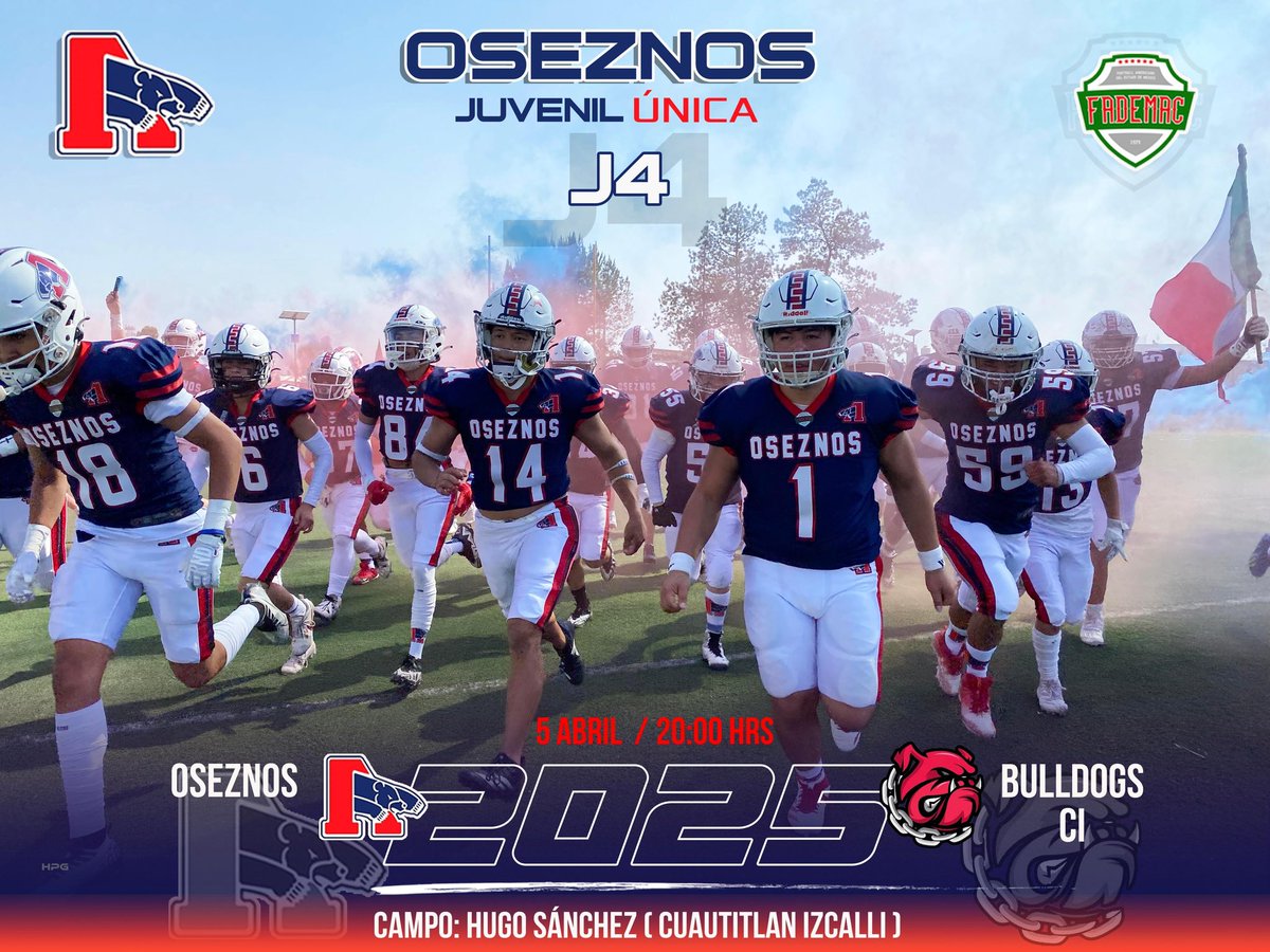 🚨  Jornada 4 🚨

Categoría Juvenil Única <a href="/LigaFademac/">FADEMAC</a> 

Oseznos 🆚 Bulldogs 

🏟️ Campo Hugo Sánchez, Cuautitlán Izcalli 
⏰ A las 20:00 hrs.
🗓️ Sábado 5 abril 2025

#GoOseznosGo #SomosUnaGranFamilia