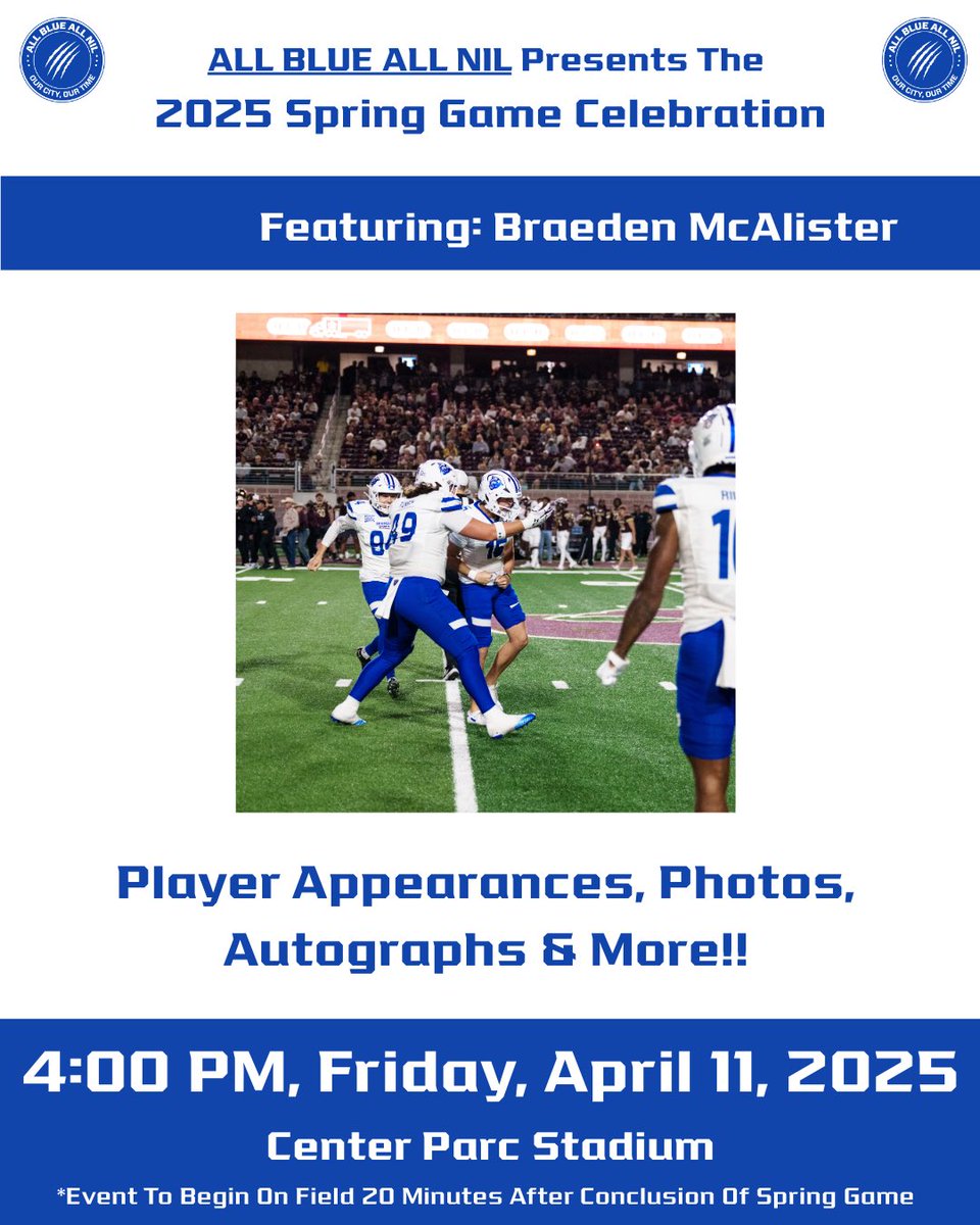 Braeden McAlister (@braedenmcalist1) on Twitter photo All BLUE ALL NIL, the official NIL collective of Georgia state Athletics, is thrilled to partner with Georgia State Football to host a post-game celebration following the 2025 Spring Football Game.
<a href="/AllBlueAllNIL/">AllBlueAllNIL</a> <a href="/GeorgiaStateFB/">GSU Football</a> All BLUE ALL NIL, the official NIL collective of Georgia state Athletics, is thrilled to partner with Georgia State Football to host a post-game celebration following the 2025 Spring Football Game.
<a href="/AllBlueAllNIL/">AllBlueAllNIL</a> <a href="/GeorgiaStateFB/">GSU Football</a>