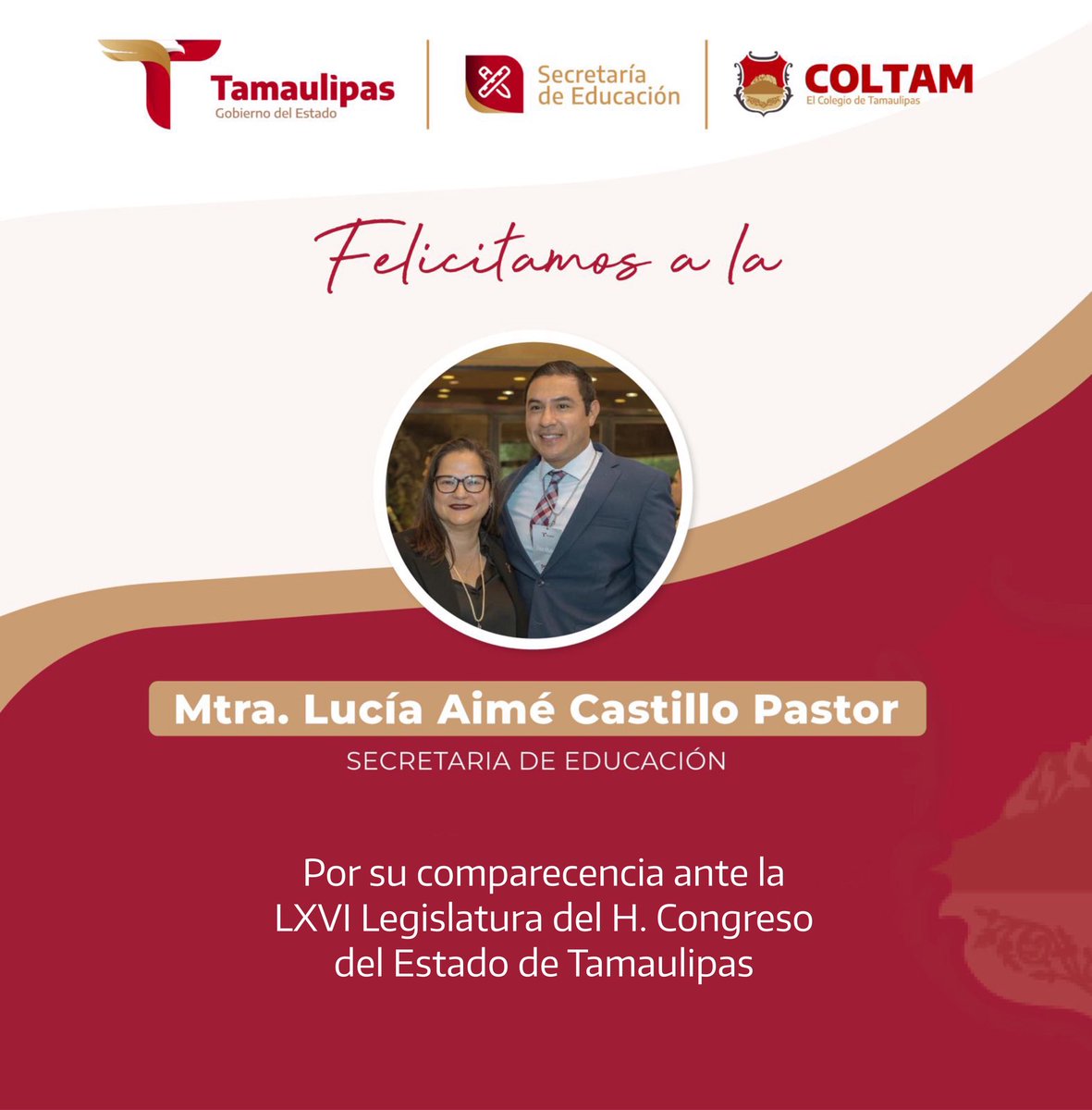 Reconocemos la labor de la Mtra. Lucía Aimé Castillo Pastor por su liderazgo y compromiso en la política educativa de Tamaulipas, reflejados en su destacada participación ante el H. Congreso del Estado.