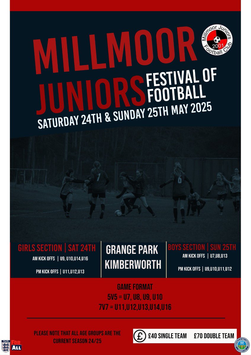Millmoor Ladies FC (@mlfc_official) on Twitter photo 🔴⚫️ MILLMOOR JUNIORS FESTIVAL OF FOOTBALL 2025 🔴⚫️
Save the dates. Saturday 24th May and Sunday 25th May 2025. Our Festival of Football is back and bigger than ever. 
Keep an eye on our socials over the next couple of days for the form to sign up and register.
#oneclub 🔴⚫️ MILLMOOR JUNIORS FESTIVAL OF FOOTBALL 2025 🔴⚫️
Save the dates. Saturday 24th May and Sunday 25th May 2025. Our Festival of Football is back and bigger than ever. 
Keep an eye on our socials over the next couple of days for the form to sign up and register.
#oneclub