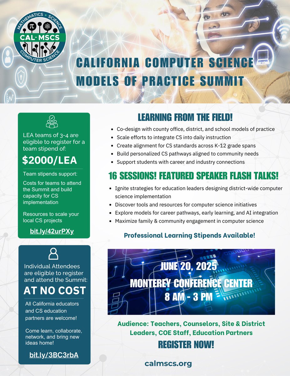 Join California's FIRST Computer Science Models of Practice Summit! 

📅 June 20, 2025 | 📍Monterey Conference Center
🕗 8 AM - 3 PM
✨ 16 sessions, speaker flash talks, and professional learning stipends available for LEA teams! Collaborate, scale your CS initiatives, and ignite