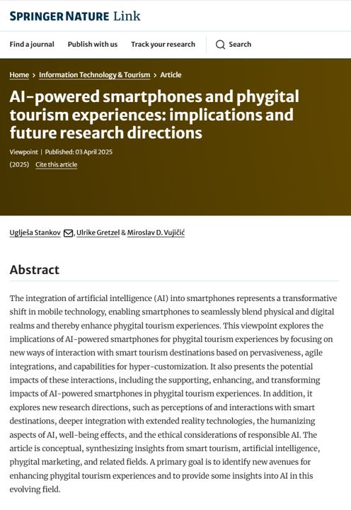 Our new paper in Information Technology &amp; Tourism #JITT.  explores the transformative role of AI in merging physical and digital experiences with smartphones within the tourism industry. 
Full text provided by Springer Nature SharedIt initiative:
rdcu.be/egj0Z