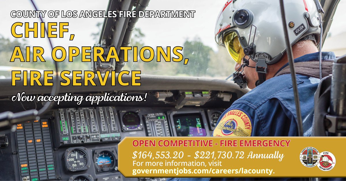 🚨OPEN COMPETITIVE JOB OPPORTUNITY🚨

Chief, Air Operations, FIRE SERVICE - EMERGENCY- EXAM NO. 30215B-FR

The application period began April 4, 2025, at 8:00 a.m. (PT). This examination will remain open until the needs of the Department are met &amp; subject to close without notice.