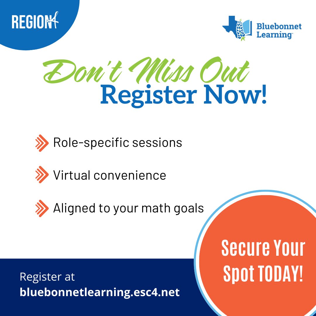 Strengthen your math instruction with the Bluebonnet Learning: Nuts and Bolts virtual series.

Sessions for teachers, coaches, and administrators in Grades K–5, 6–8, and Algebra I run throughout April.

Register now! bluebonnetlearning.esc4.net/pd