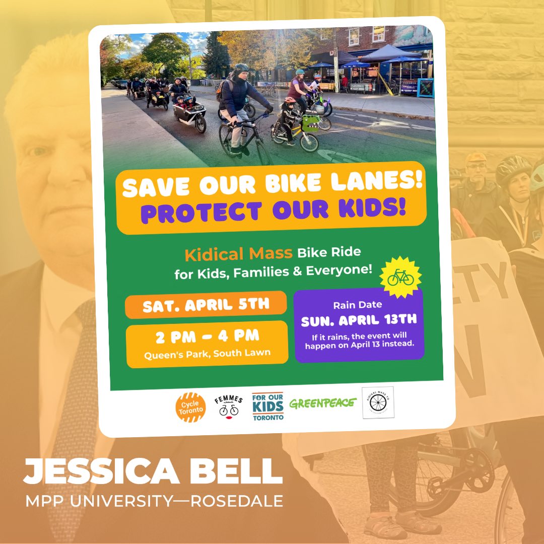 Jessica Bell (@jessicabellto) on Twitter photo It's never been clearer that we need more ways to get safely from A to B, not less.
That's why I'm joining <a href="/CycleToronto/">Cycle Toronto</a> this Saturday from 2-4pm, for their Kidical Mass Ride at Queen's Park.
You can find more here, as we fight for safer streets for all: It's never been clearer that we need more ways to get safely from A to B, not less.
That's why I'm joining <a href="/CycleToronto/">Cycle Toronto</a> this Saturday from 2-4pm, for their Kidical Mass Ride at Queen's Park.
You can find more here, as we fight for safer streets for all: