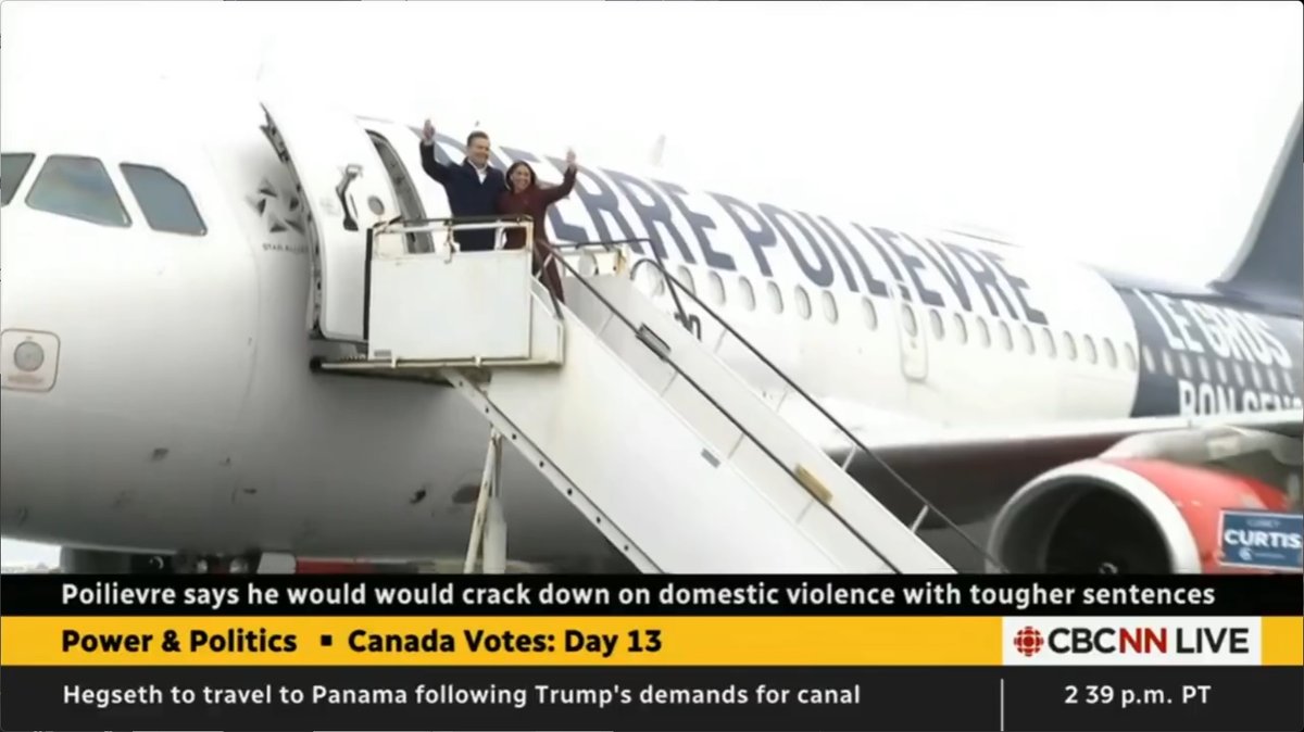 TheJasonPugh's tweet image. Who are @PierrePoilievre and his wife waving to here?

It's not the staffers standing at the bottom of the stairs.

(Is he gonna start having rallies at hangers so he can have his airplane with his name on it behind him?)

#PierrePoilievre is #JustLikeTrump.

#cdnpoli #Elxn45