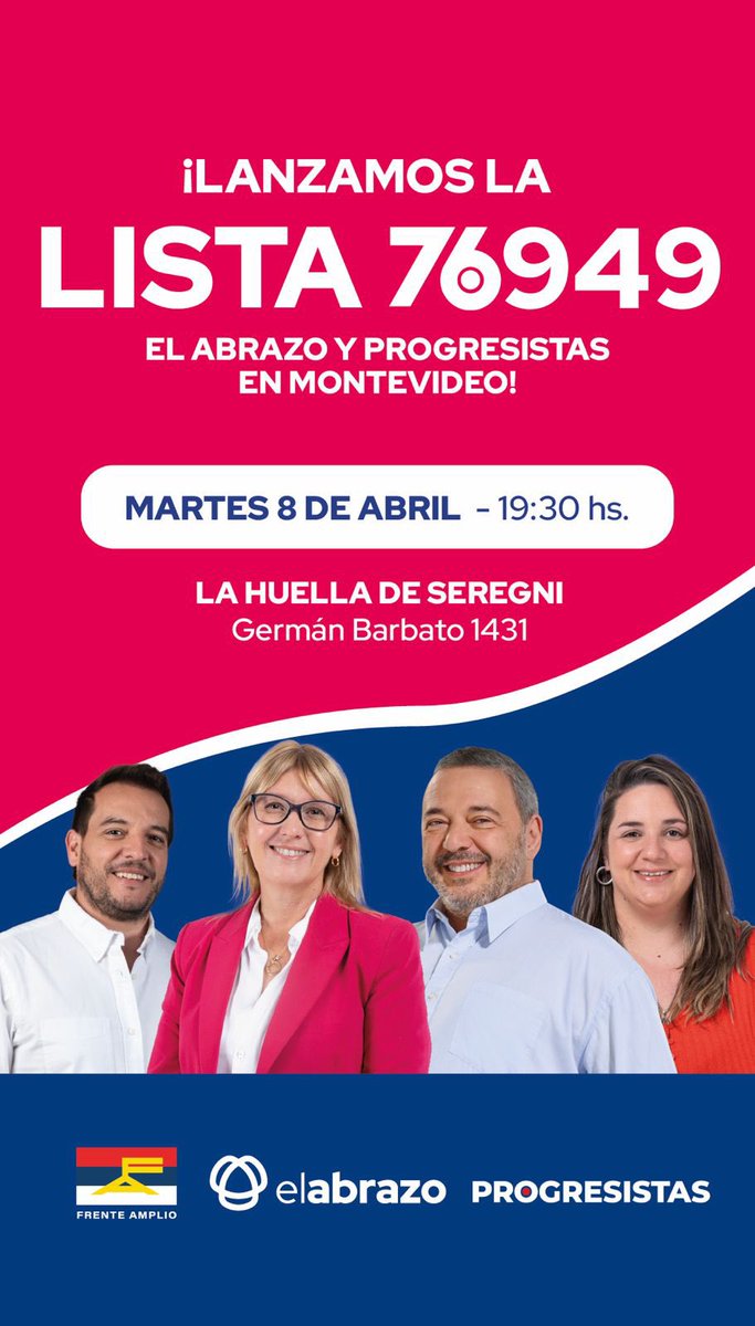 👣 Pasos firmes hacia el nuevo Montevideo 
Con la ciudadanía como protagonista💫

🗓️Martes 8 de abril
🕜19:30 a 20:30 
📍La Huella de Seregni (Germán Barbato 1431)

🗣️Nos acompañan👇
Mario Bergara
Fiorella Buzeta
Christian Di Candia
Cristina Lustemberg
