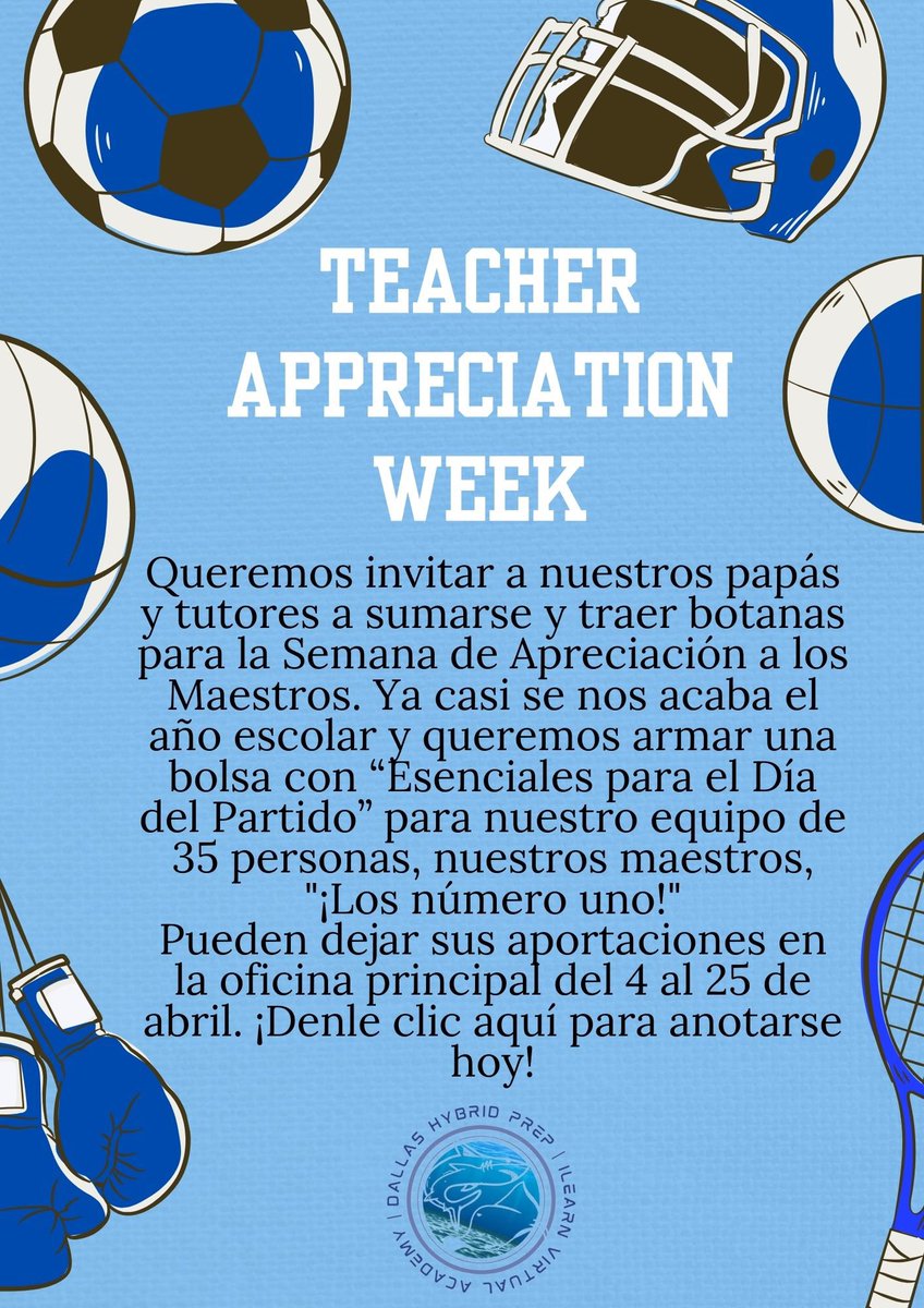 Dallas Hybrid Preparatory (@hybridprep) on Twitter photo Calling all parents and guardians! Let’s show our teachers some love and appreciation!💕Sign up to contribute to our Teacher Appreciation celebration today. #ThankYouTeacher #sharkrays <a href="/RubyGarzaDISD/">Ruby Garza</a> <a href="/PrincipalLuSal/">Lucy Salinas</a>
m.signupgenius.com/#!/showSignUp/… Calling all parents and guardians! Let’s show our teachers some love and appreciation!💕Sign up to contribute to our Teacher Appreciation celebration today. #ThankYouTeacher #sharkrays <a href="/RubyGarzaDISD/">Ruby Garza</a> <a href="/PrincipalLuSal/">Lucy Salinas</a>
m.signupgenius.com/#!/showSignUp/…