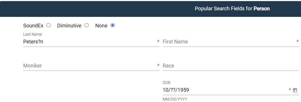 Crime_Tracer's tweet image. Sometimes, investigators will only have information like a last name and a partial DOB to go on. By using the '?' wildcard in the Person Search fields, you can search for different possible spellings of last name Peterson with an October 1959 birthday.