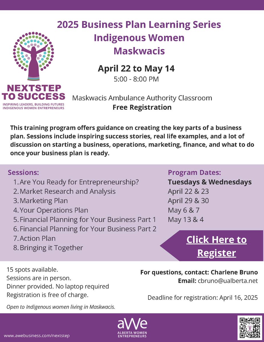 2025 Business Plan Learning Series!
Open to all Indigenous Women in Maskwacis!
April 22 - May 14, 2025 from 5:00-8:00pm at the Maskwacis Ambulance Authority Classroom.
15 spots available, supper provided, FREE Registration.
Deadline to register: April 16, 2025
#maskwacis