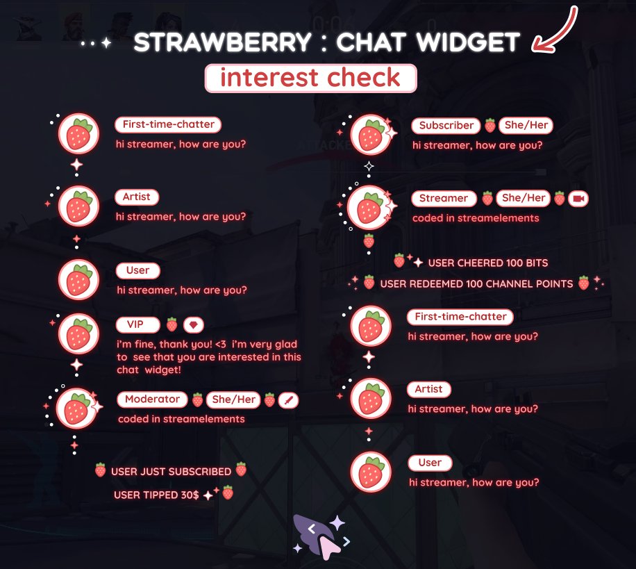 🍓{ interest check }  🍓

➜ strawberry chat widget  

different versions with other fruits coming soon!
what is your fav fruit? 👀