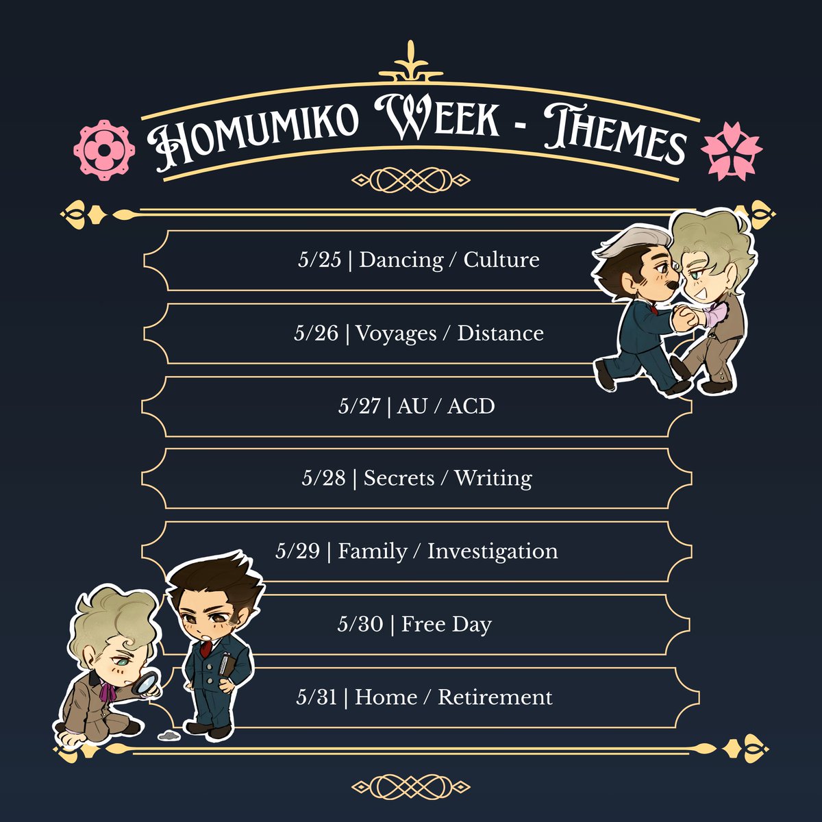 Here are our themes for homumiko week 2025! Please be sure to tag us at <a href="/hmmkweek2025/">Homumiko Week 2025 | ホムミコウィーク2025</a> or tag your works with #hmmkweek2025. If the content is NSFW please be sure to use the #NSFWhmmk2025 hashtag instead. The event will run from May 25-31.