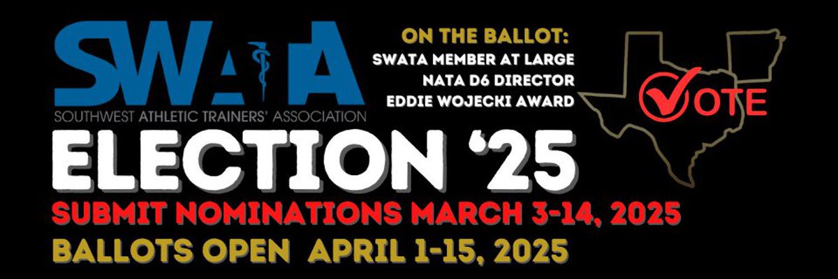 SWATAD6's tweet image. ICYMI: SWATA ballots are open for NATA District 6 Director, SWATA Member-At-Large and the Eddie Wojecki Award. Check your registered member email and vote today! If you have any questions contact SWATA VP Mike Waters at swatavp@gmail.com #SWATA2025 #advocATe #participATe