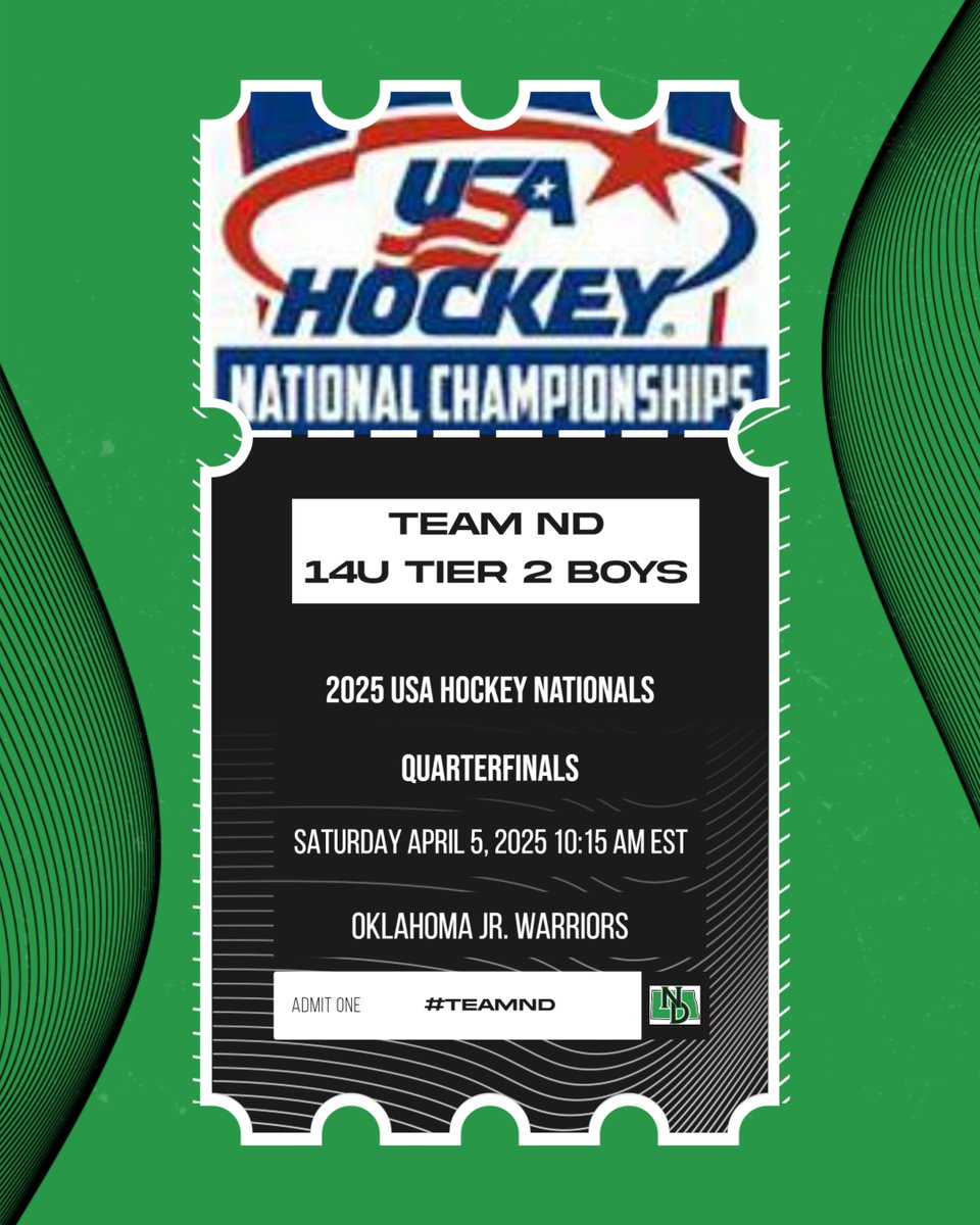 TeamNDHockey's tweet photo. Friday Tier 2 Update, the Team ND 14U Tier 2 Boys have won their pool and advanced to the Quarterfinals on Saturday. watch on https://t.co/oYoQs11ASG
#teamnd #usahnationals https://t.co/pzqiVnNsHS