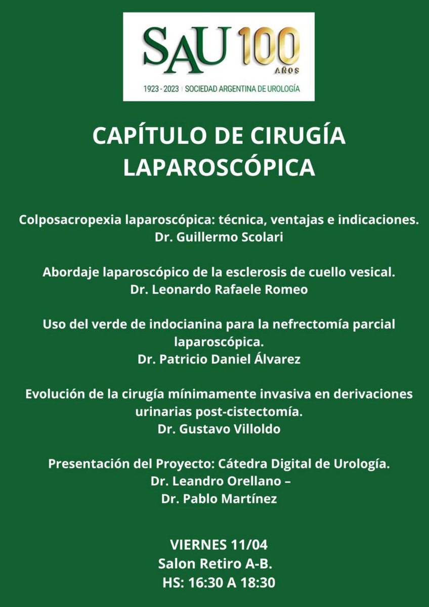 leonardoromeo11's tweet photo. Agradezco a la Sociedad Argentina de Urología por la invitación a exponer sobre abordaje laparoscópico de la esclerosis de cuello vesical.
Un orgullo representar a Urocuyo, apostando siempre a la innovación y calidad en cirugía urológica.

#Urocuyo #CirugíaLaparoscópica #SAU https://t.co/XWX8rJFXtm