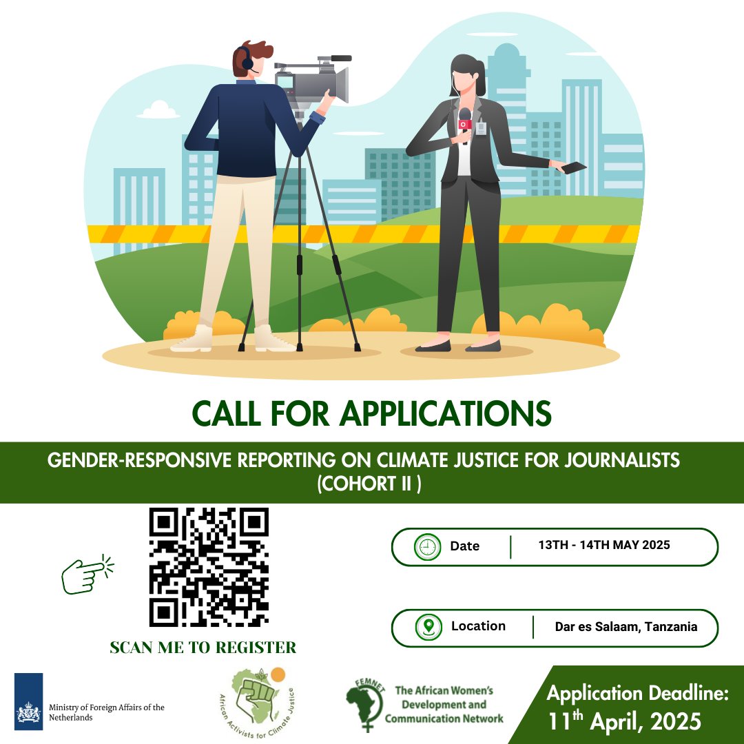 📢Are you a journalist passionate about #ClimateJustice &amp; gender-responsive reporting? Apply now for Cohort II of this exclusive training in Dar es Salaam, Tanzania!

📅 13th-14th May 2025
📝 Apply by: 11th April 2025
🔗 Register: bit.ly/4cC4mrf

#FeministClimateJustice