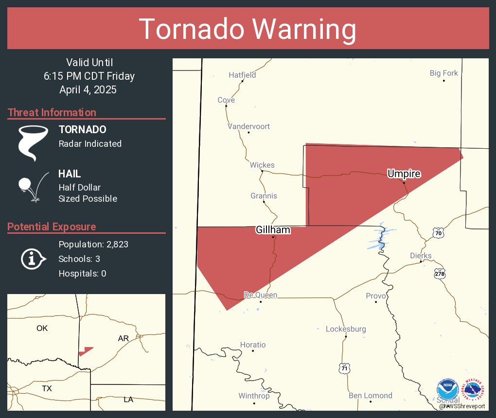 NWStornado's tweet photo. Tornado Warning continues for Gillham AR and  Umpire AR until 6:15 PM CDT https://t.co/G7xN9TKWCT