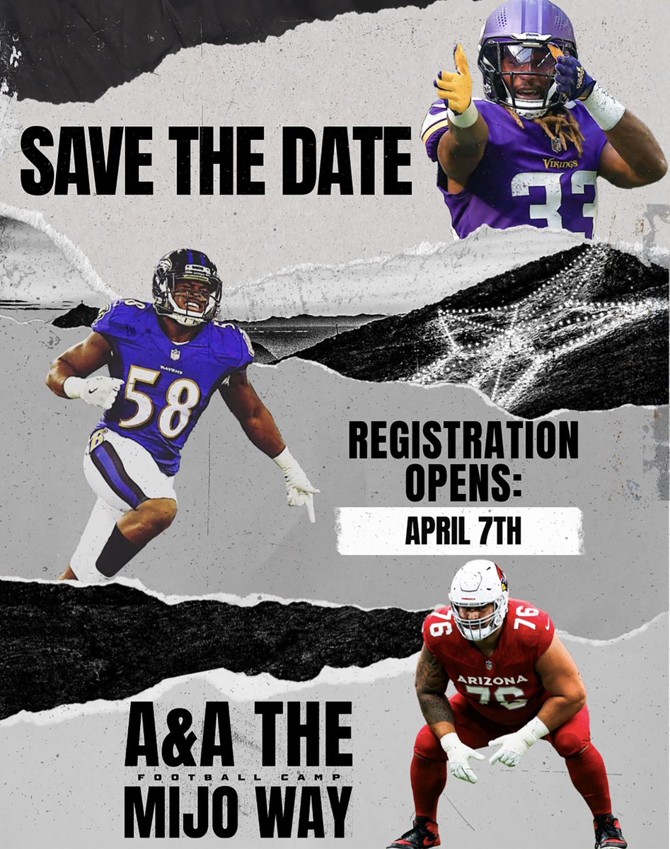 🚨 SAVE THE DATE! 🚨

Registration for A&amp;A The Mijo Way Football Camp opens April 7th at 5PM sharp!

Open to all athletes 2nd–12th grade — spots will go FAST! 💨
Get ready to train with NFL stars, level up your skills, and have the experience of a lifetime.