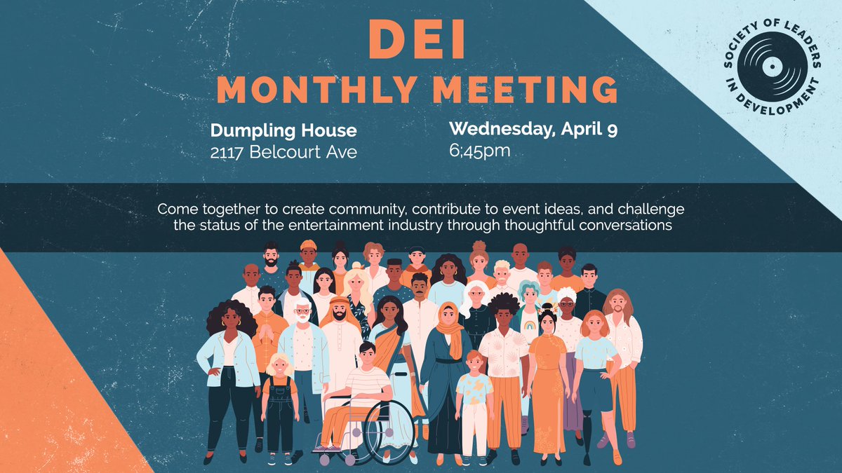 Join us at Dumpling House this Wednesday, April 9th at 6:45pm for our latest DEI Monthly Meeting! Collaborate across all committees to create community, contribute to event ideas, and challenge the status quo of the entertainment industry through thoughtful conversation.