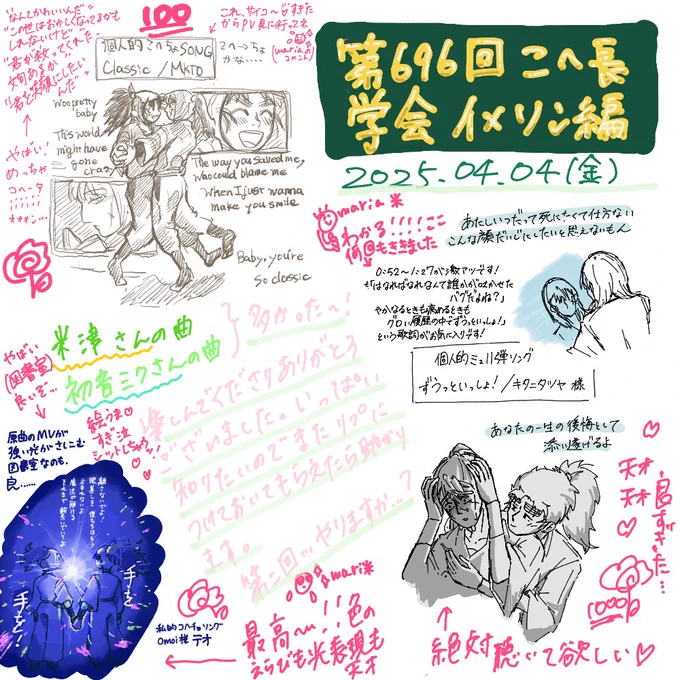 改めまして、昨夜の第696回こへ長学会にご参加くださりありがとうございました❣️こちらの最高絵茶見てください🌸✨満点💯だけじゃ足りんのです2億点👏👏👏✨
是非音楽共有してください✨このあともどんどんリプ付けてってください…需要あればイメソン回②またやりましょう🥳 