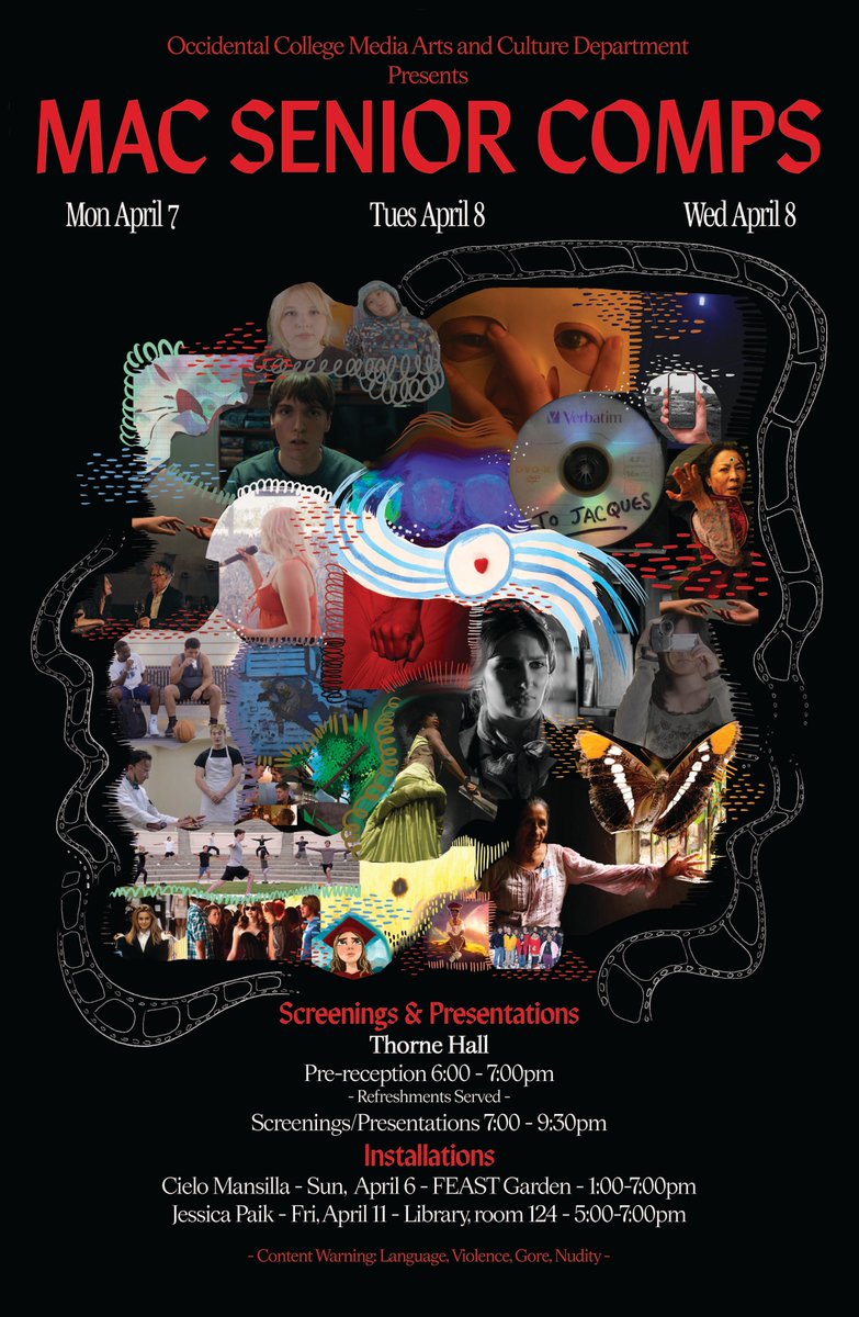 It's that time of the year again! Come see our <a href="/Occidental/">Occidental College</a> Media Arts &amp; Culture students' amazing projects! Screenings &amp; Presentations are Monday-Wednesday evenings, and we have two students doing installations - one on Sunday and one on Friday. Free and open to all!