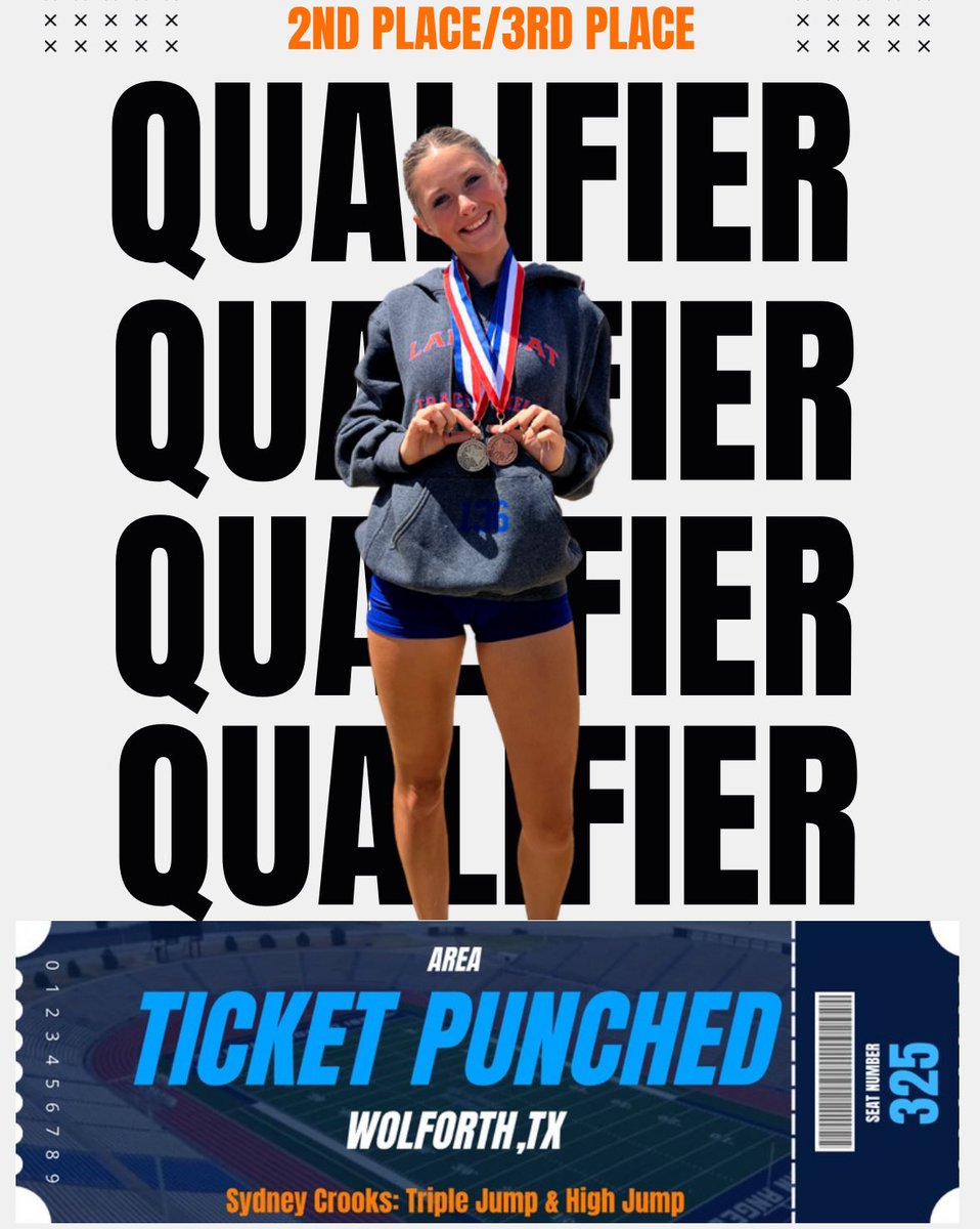 🎟️TICKET PUNCHED🎟️
Sydney Crooks placed 2nd in Triple with a jump of 35' 6" and 3rd in High Jump with a height of 5'2"!!🥳