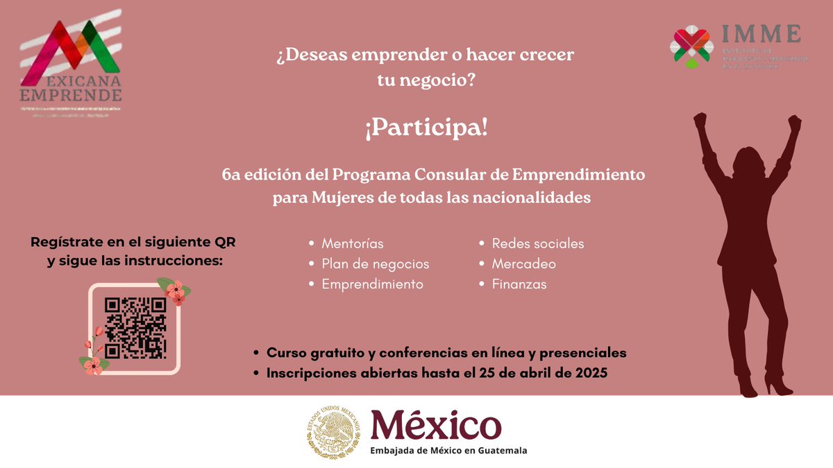 ConsulMexGuate (@consulmexguate) on Twitter photo 📢📢📢¡Atención, atención! ¿Deseas emprender o hacer crecer tu negocio? Esta es tu oportunidad 👇
Participa en el Programa Consular de Emprendimiento para Mexicanas en el Exterior #PCEME6aEdición
#MexicanaEmprende #EmprendeTuNegocio
<a href="/IME_SRE/">IMME</a> <a href="/SRE_mx/">Relaciones Exteriores</a> <a href="/EmbaMexGua/">Embamex Guatemala</a> 📢📢📢¡Atención, atención! ¿Deseas emprender o hacer crecer tu negocio? Esta es tu oportunidad 👇
Participa en el Programa Consular de Emprendimiento para Mexicanas en el Exterior #PCEME6aEdición
#MexicanaEmprende #EmprendeTuNegocio
<a href="/IME_SRE/">IMME</a> <a href="/SRE_mx/">Relaciones Exteriores</a> <a href="/EmbaMexGua/">Embamex Guatemala</a>