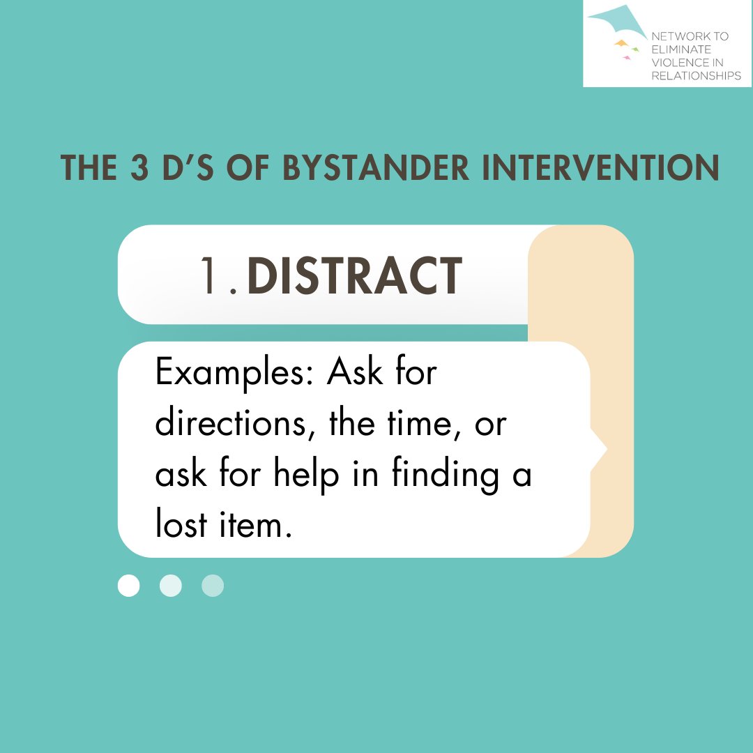 ViolenceNEVR's tweet image. Distract. Delegate. Direct.
They’re called the 3 D’s of Bystander Intervention—and they can save lives.
Speak up. Step in. Stay safe.
Learn more in our Violence Intervention Toolkit: nevr.org/course/violenc…
#NEVR #BystanderEffect #StopGBV #3Ds