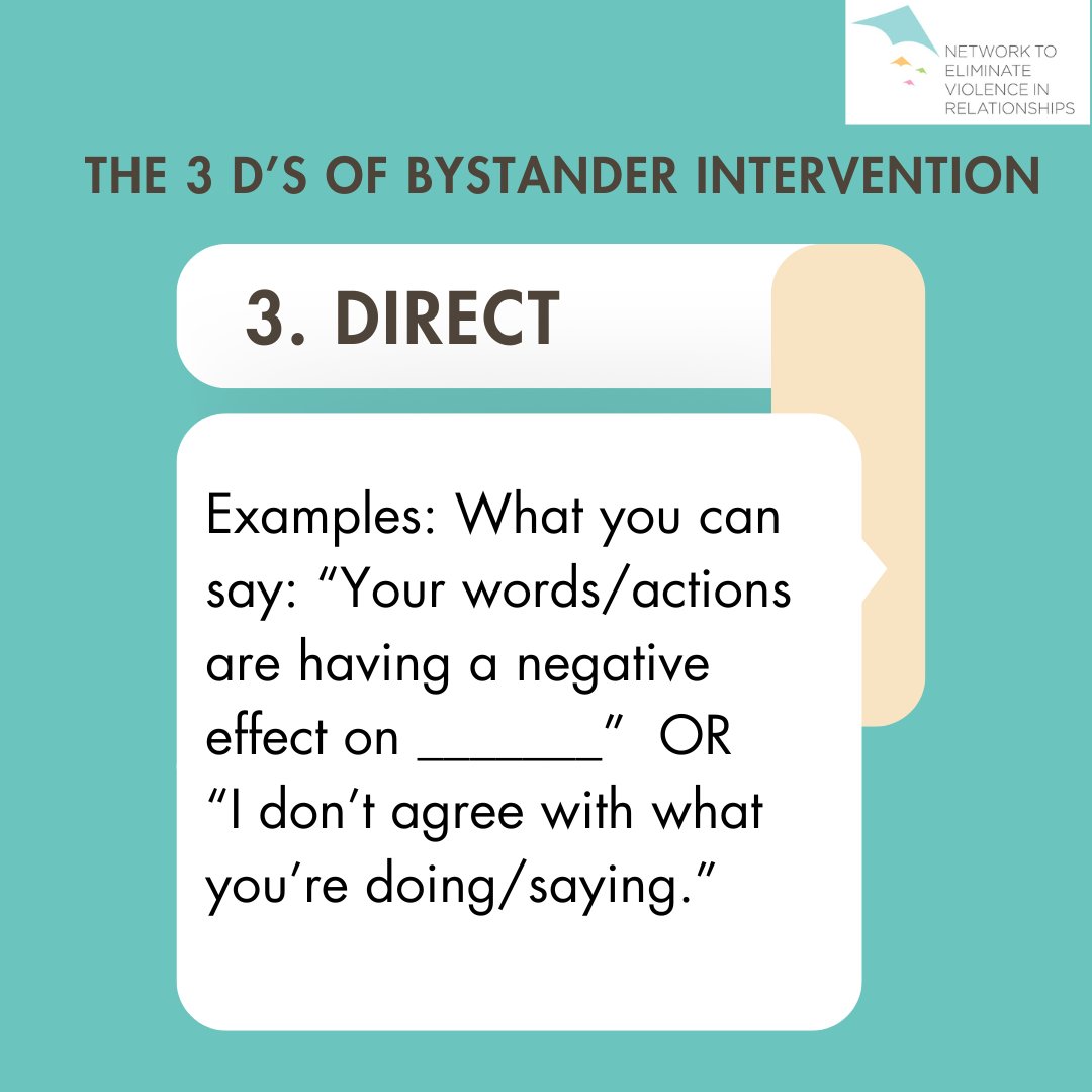 ViolenceNEVR's tweet image. Distract. Delegate. Direct.
They’re called the 3 D’s of Bystander Intervention—and they can save lives.
Speak up. Step in. Stay safe.
Learn more in our Violence Intervention Toolkit: nevr.org/course/violenc…
#NEVR #BystanderEffect #StopGBV #3Ds