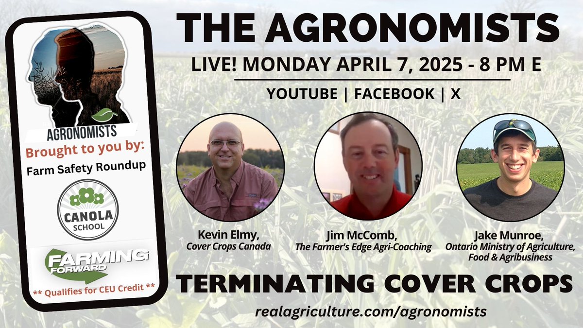 Catch #TheAgronomists LIVE! on Monday, April 7 at 8 pm E for a discussion on terminating cover crops with <a href="/KevinElmy/">Kevin R. Elmy, CPAg</a> of <a href="/CoverCropCanada/">Cover Crops Canada</a>, <a href="/FarmersEdgeAC/">Jim McComb</a> and Jake Munroe w/ OMAFA.

#cdnag #ontag #westcdnag