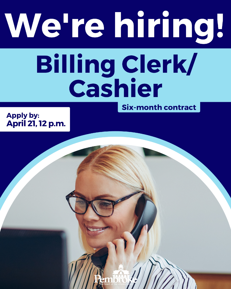City of Pembroke (@citypembroke) on Twitter photo The City of Pembroke is hiring a Billing Clerk/Cashier on a six-month contract! Join our Treasury Department and put your bookkeeping and customer service skills to work.
Learn more and apply at pembroke.ca/jobs. The City of Pembroke is hiring a Billing Clerk/Cashier on a six-month contract! Join our Treasury Department and put your bookkeeping and customer service skills to work.
Learn more and apply at pembroke.ca/jobs.