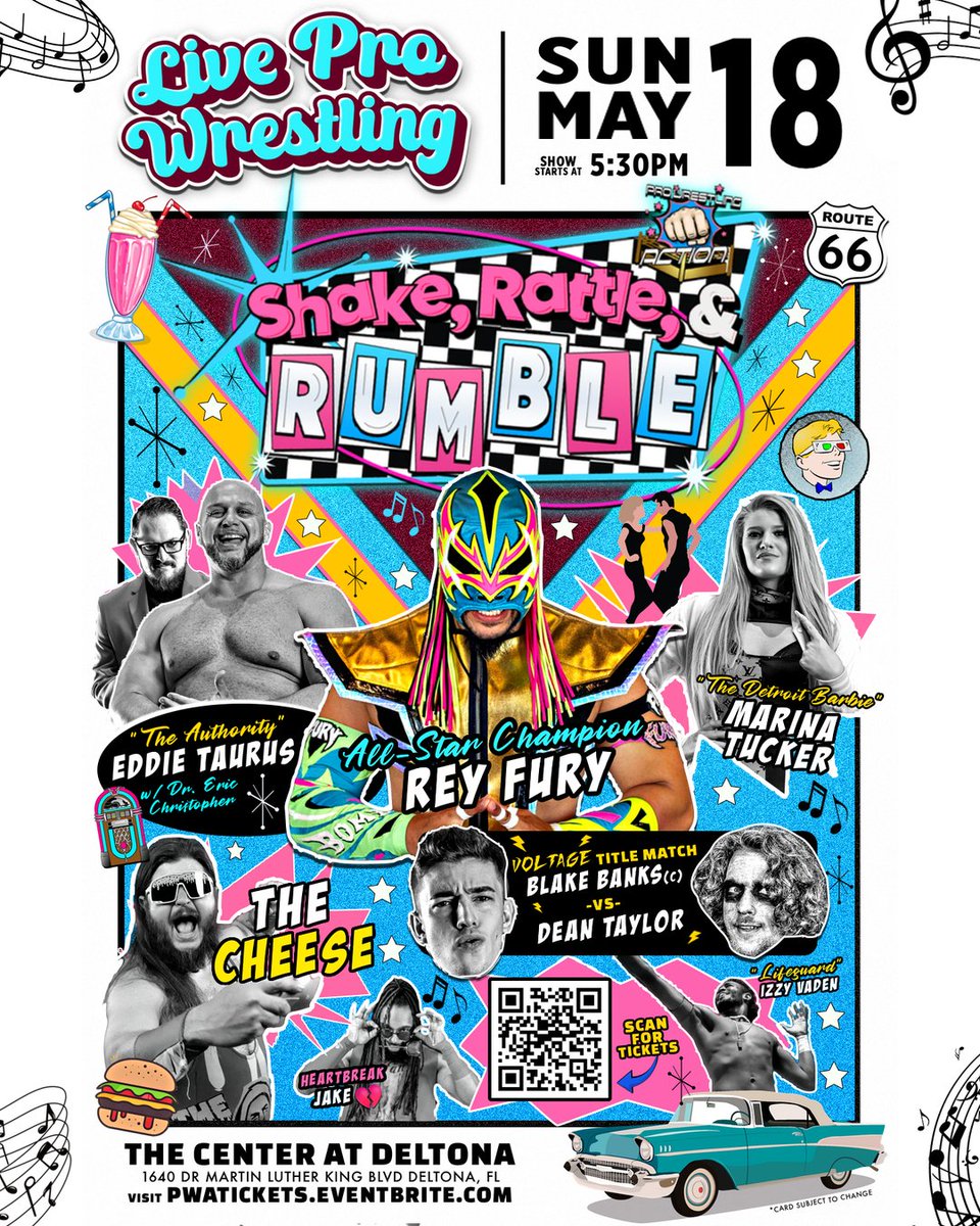 🎶 SHAKE, RATTLE, &amp; RUMBLE hits The Center at Deltona on Sun, May 18! Catch Rey Fury, Blake Banks, Marina Tucker &amp; more! 🎟️ Use code SOCIAL for 10% OFF: PWATickets.Eventbrite.com 📣 Don’t miss this rockin’ night of Pro Wrestling Action!