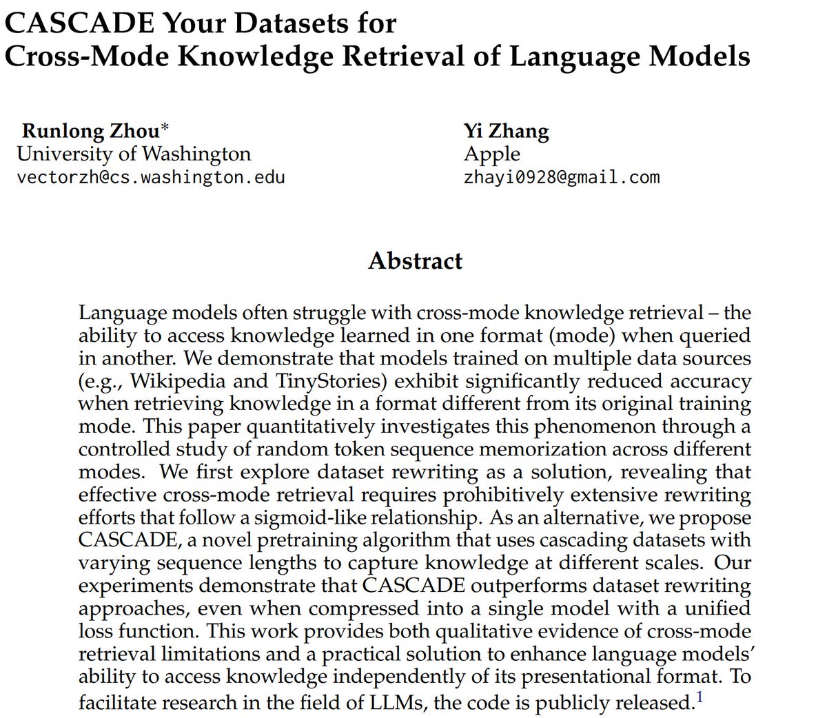 🧠 Ever notice how LLMs struggle with familiar knowledge in unfamiliar formats? Our new paper "CASCADE Your Datasets for Cross-Mode Knowledge Retrieval of Language Models" tackles this head-on!
🔍 Our findings:
- Created a qualitative pipeline demonstrating problem we call
