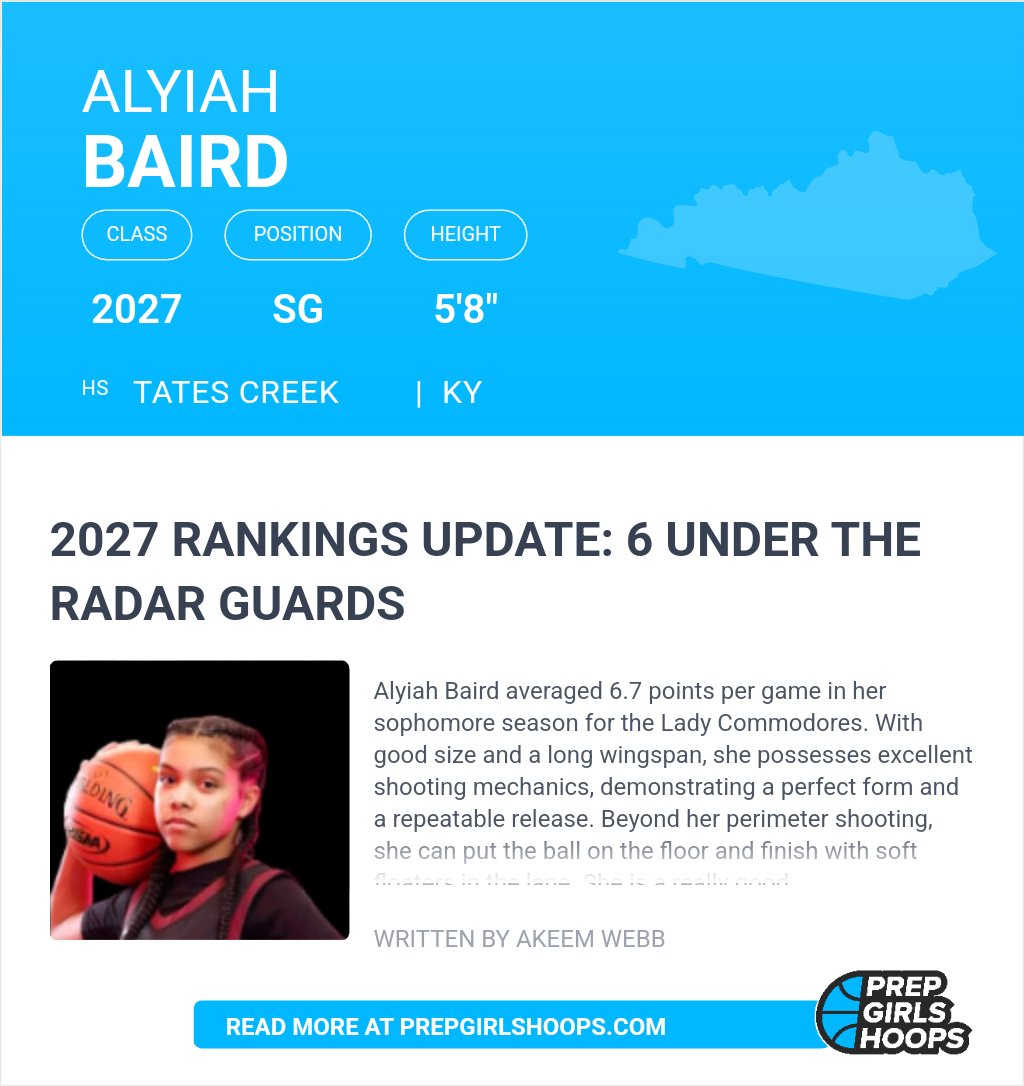 Alyiah Baird (@alyiah_baird) on Twitter photo Thank you for the write up in the article "2027 rankings 6 guards under the radar" <a href="/PGHAkeem/">Akeem Webb</a> .
<a href="/TCHSWBB/">Tates Creek Lady Commodores Basketball</a> <a href="/LadyAcesAau/">Lady Aces/Rise Up AAU</a> Thank you for the write up in the article "2027 rankings 6 guards under the radar" <a href="/PGHAkeem/">Akeem Webb</a> .
<a href="/TCHSWBB/">Tates Creek Lady Commodores Basketball</a> <a href="/LadyAcesAau/">Lady Aces/Rise Up AAU</a>