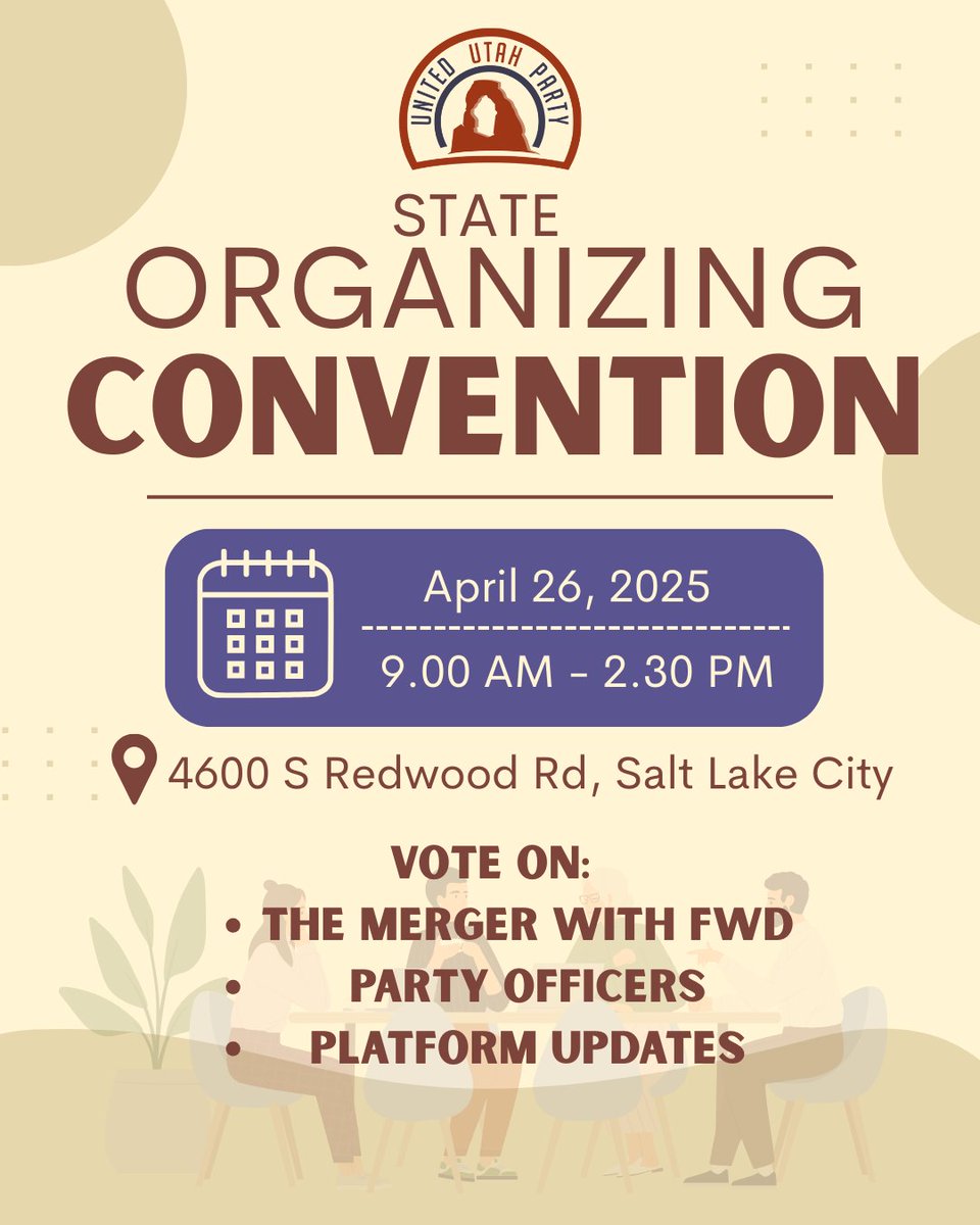 🗳️ United Utah Party State Convention
📅 April 26 | ⏰ 9AM–2:30PM
📍 SLCC Taylorsville (Thayne Bldg)
Voting at the beginning. Must be a registered member as of March 31.
RSVP + request a ballot: unitedutah.org/2025_state_con…
We'll also vote on priorities if the Forward merger passes.