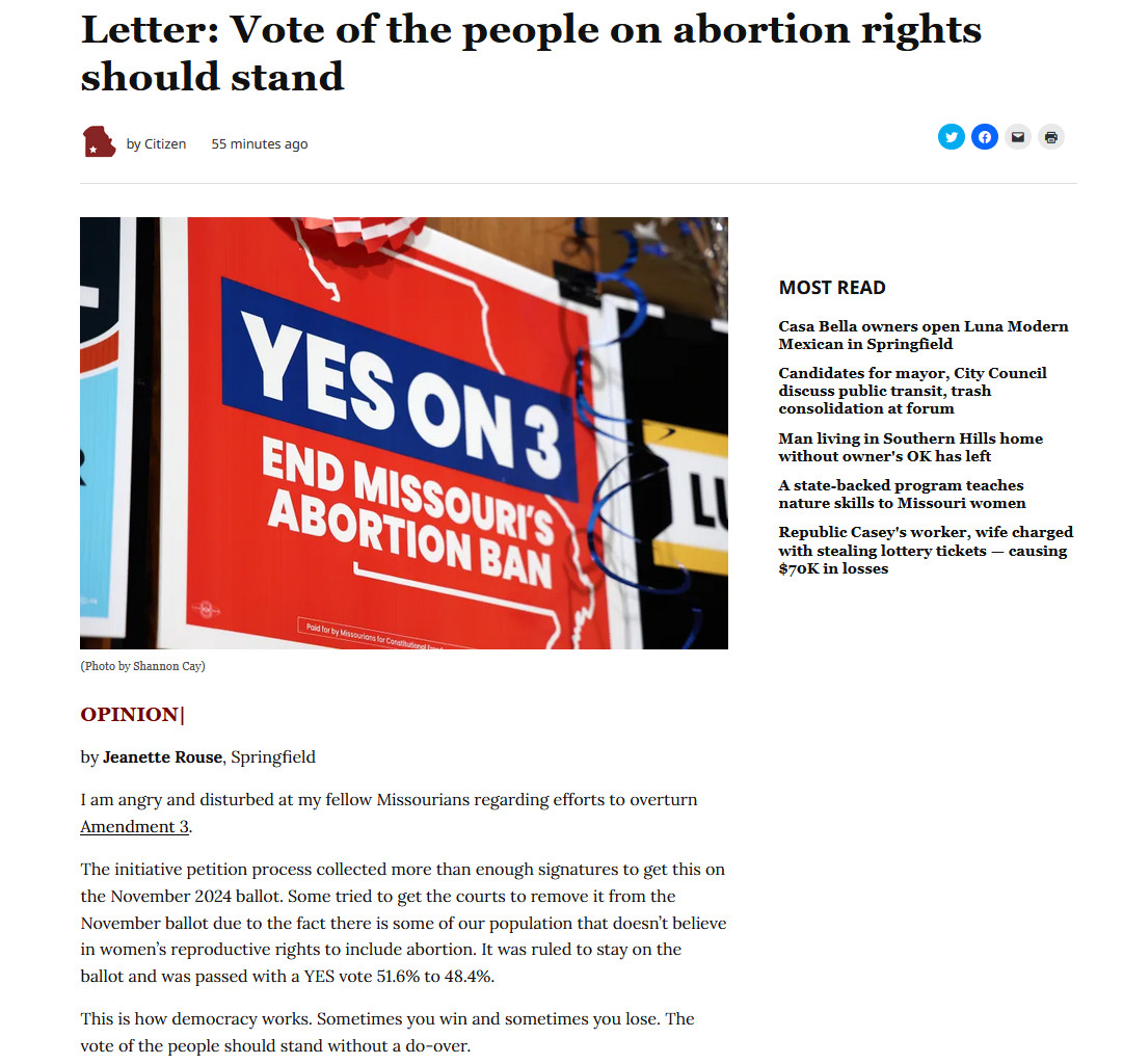 ProgressMO's tweet photo. "Sometimes you win and sometimes you lose. The vote of the people should stand without a do-over."
Read Springfield resident Jeanette Rouse's full letter: https://t.co/dBiJLXt9Fl #MOLeg #MOMajorityRule #EndTheBanMO https://t.co/wSkCokiGTL
