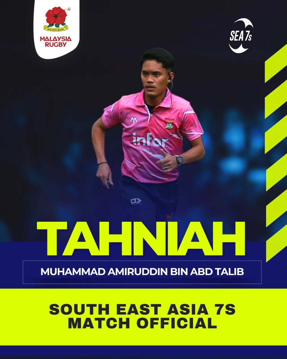 MRugbyOfficial's tweet photo. Tahniah Md Amiruddin, dilantik untuk bertugas sebagai pengadil untuk kejohanan SEA 7s 2025 di Singapura
Pengadil muda yang sedang meningkat naik.
#malaysiarugby
#mru
#matchofficial https://t.co/NlU0P4jSOi