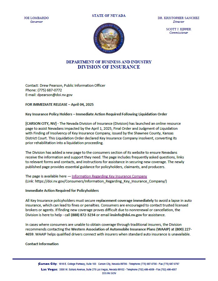 nevadadoi's tweet image. 🚨 Key Insurance Liquidation – Immediate Action Required 🚨
Policyholders must get new auto coverage immediately to avoid a lapse.
🔗 Full release: doi.nv.gov/News-Notices/P…
📄 Resource page: doi.nv.gov/Consumers/Info…
#NevadaInsurance #ConsumerAlert #KeyInsurance