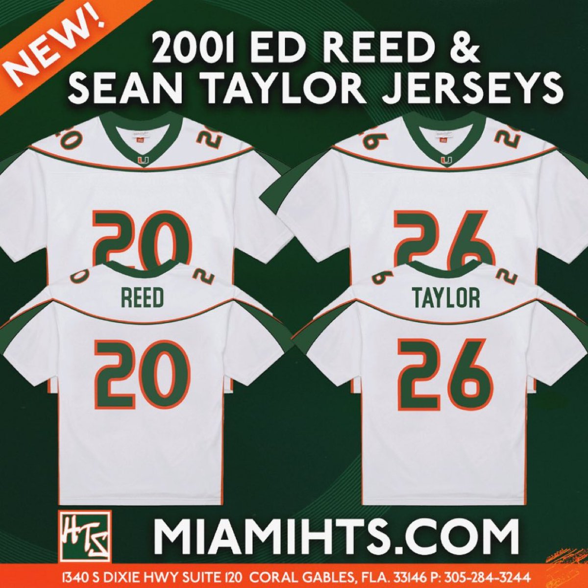 The 2001 Ed Reed &amp; Sean Taylor championship jerseys are HERE! Available now @MiamiHTS in-store and online at MiamiHTS.com. Don't miss out!