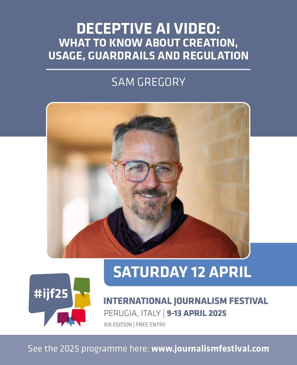 WITNESS (@witnessorg) on Twitter photo 👾AI video is here. But are the guardrails?
From jaw-dropping deepfakes to AI-generated disinfo, video manipulation is evolving fast.
Join our Executive Director, <a href="/SamGregory/">Sam Gregory</a>, at the International Journalism Festival 2025 (#IJF25) in Perugia, Italy, as he dives into:
👉🏾The 👾AI video is here. But are the guardrails?
From jaw-dropping deepfakes to AI-generated disinfo, video manipulation is evolving fast.
Join our Executive Director, <a href="/SamGregory/">Sam Gregory</a>, at the International Journalism Festival 2025 (#IJF25) in Perugia, Italy, as he dives into:
👉🏾The